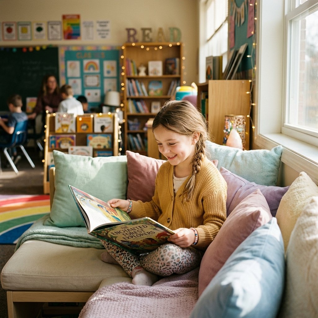 Niña de 8 años leyendo felizmente un libro interactivo en un rincón acogedor